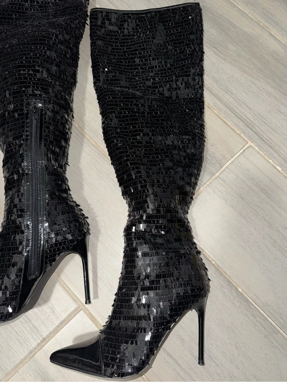 Black Sequins Knee-High Stiletto Heel Boot